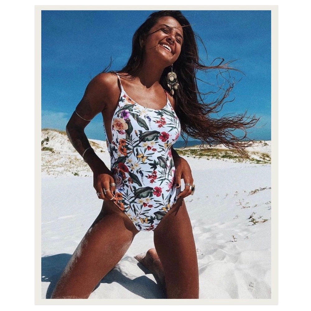 Floral Scoop Neck One-Piece Swimsuit - White Floral